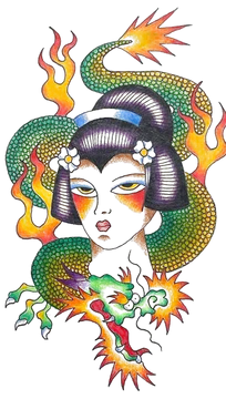 Geisha and dragon, a tattoo design by benjjamink